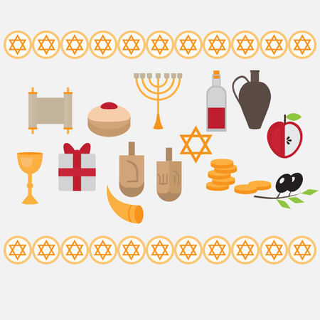 Jewish holiday Hanukkah design elements with traditional donuts, holiday candlestick menora and scroll, horn and wooden spinning top and coins. Happy Hanukkah greeting card. Hebrew Judaism symbolsのイラスト素材
