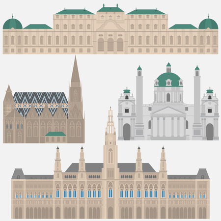 Austrian City sights in Vienna. Austria Landmark Travel And Journey Architecture Elements Stephansdom, Karlskirche, Belvedere palace and Town hallのイラスト素材