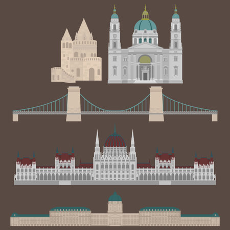 Hungarian City sights in Budapest. Hungary Landmark Global Travel And Journey Architecture Elements Buda castle, Chain Bridge. Budapest parliament, Fisherman's bastion, St. Istvan basilicaのイラスト素材