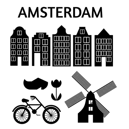 Amsterdam city flat art. Travel landmark, architecture of netherlands, Holland houses, european building isolated set, windmill, bridge, bike, shoes and lampのイラスト素材