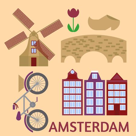 Amsterdam city flat line art. Travel landmark, architecture of netherlands, Holland houses, european building isolated setのイラスト素材
