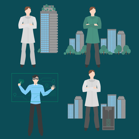 Future professions set. Futuristic occupation. Man with VR headset. Designer Virtual reality and 3 d printing. Eco-analyst. Ecology of sity analysis. Future and people concept. City farmerのイラスト素材