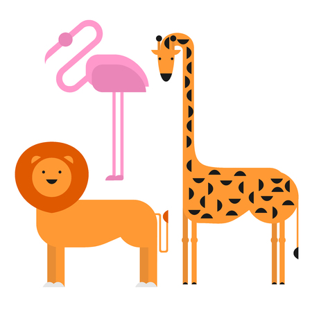 Wildlife zoo collection of cute cartoon animals. Big fauna of the world icon set isolated. Wild characters. Lion, giraffe and flamingoのイラスト素材