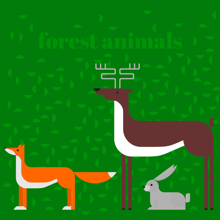 Wildlife zoo collection of cute cartoon animals. Forest fauna of the world icon set isolated. Wild characters. Fox, deer and rabbitのイラスト素材