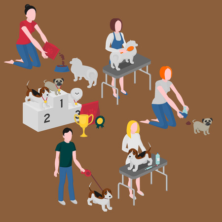 Isometric set of dog care. Pet owner feeding, walking and cleaning. Veterinary and grooming. Doggy competition winners. Pug, spitz and beagleのイラスト素材