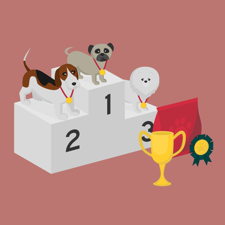 Winner pedestal. Puppy wining a dog show, pet on the first place. Gold trophy Cup on prize podium. Award ceremony animal, doggy champion medal, competition platformのイラスト素材