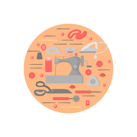 Sewing workshop equipment. Flat tailor shop design elements. Tailoring industry dressmaking tools icons. Fashion designer sew itemsのイラスト素材