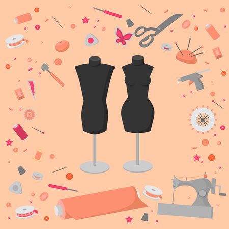 Sewing workshop equipment. Flat tailor shop design elements. Tailoring industry dressmaking tools icons. Fashion designer sew itemsのイラスト素材