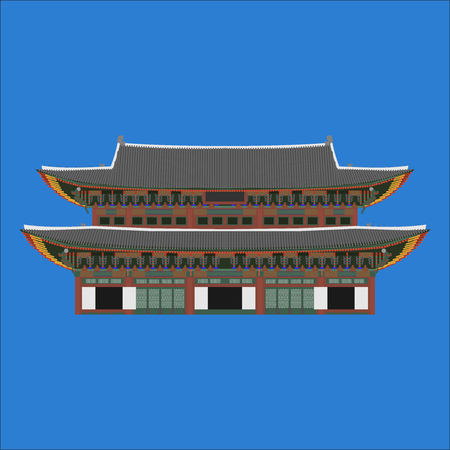 Gyeongbokgung South Korea country design flat cartoon elements. Travel landmark, Seoul tourism place. World vacation travel city sightseeing Asia building collection. Asian architecture isolated.のイラスト素材