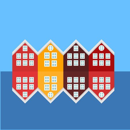 Bergen City sights icons. Norway landmark. View of historical buildings. Wooden colorful buildings.のイラスト素材