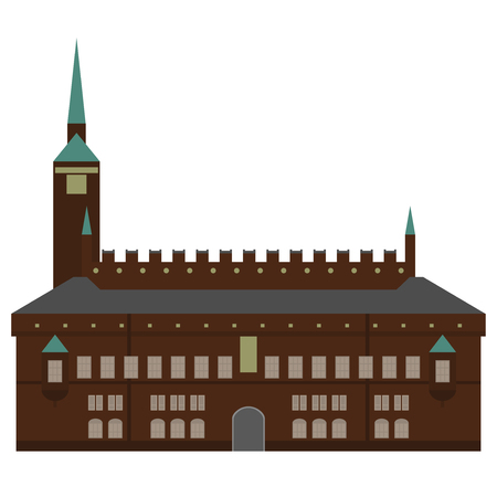 Denmark set of landmark icons in flat style. Copenhagen City sights. Danish architecture design elements. Town hall.のイラスト素材