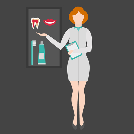 Woman Dentist. Care and Medical treatment. Stomatology set. Healthcare and cleaning.のイラスト素材