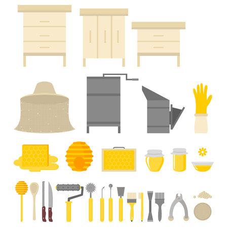Flat design elements of Beekeeping and apiculture. Beekeeper Tools and equipment set. Apiary Instrument isolated. Beehive and Honeycomb. Honey in jarのイラスト素材