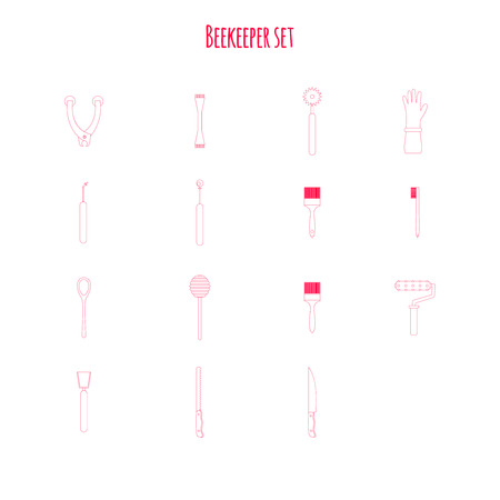 Flat outline design elements of Beekeeping and apiculture. Beekeeper Tools and equipment set. Apiary Instrument isolated.のイラスト素材