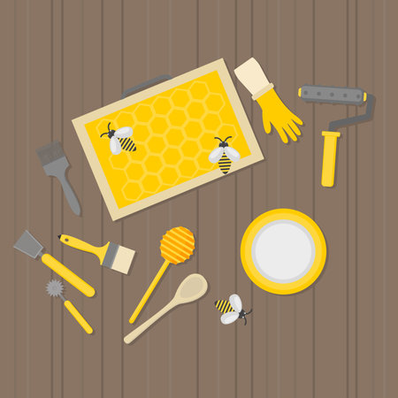 Flat design elements of Beekeeping and apiculture. Beekeeper Tools and equipment set. Apiary Instrument isolated. Honeycomb. Honey in jar.のイラスト素材