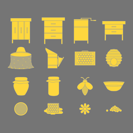 Flat outline design elements of Beekeeping and apiculture. Beekeeper Tools and equipment set. Apiary Instrument isolated. Beehive and Honeycomb. Honey in jar.のイラスト素材