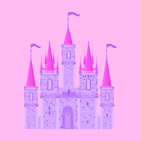 Pink princess magic castle. Flat cute fairytale palace with tower, child medieval kingdomのイラスト素材