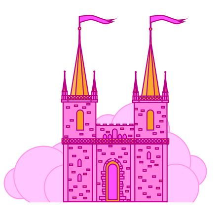 Pink princess magic castle. Flat cute fairytale palace with tower, child medieval kingdomのイラスト素材