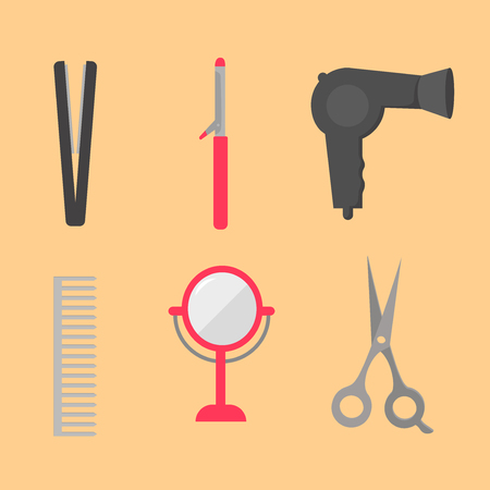 Flat design elements of hairdresser. Set with beauty haircut accessories and equipment. Haircut salon Instrument isolated. Scissors, brushes and devices.のイラスト素材