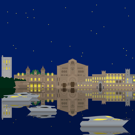 Flat building of Monaco country, travel icon landmarks in Monte Carlo. City architecture. World travel vacation sightseeing European collectionのイラスト素材