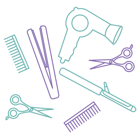 Flat design elements of hairdresser. Set with beauty haircut accessories and equipment. Haircut salon Instrument isolated. Scissors, brushes and devicesのイラスト素材