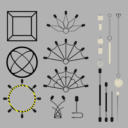 Flat design elements of fire show. Set with accessories and equipment. Flame circus Instrument isolated. devices. Fans, stuff and poi.のイラスト素材