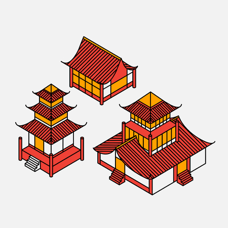 A set of architectural elements in Oriental style. Outline Isometric Pagoda house. Chinese and japanese landmark.のイラスト素材