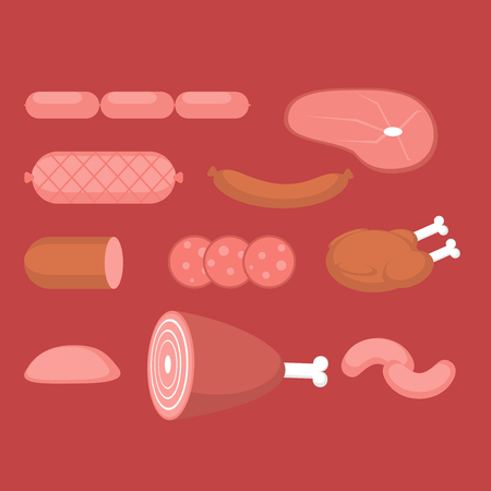 Raw meat products. Butchery big set. Flat butcher shop design elements and food icons.のイラスト素材
