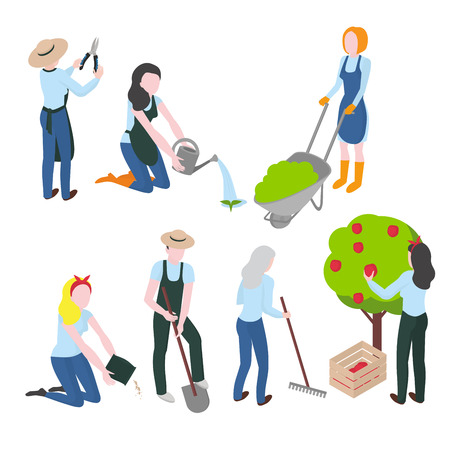 Harvesting and Farming. Gardening and agriculture. Flat gardener character. Work and Hobby.のイラスト素材