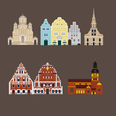 Riga Cathedral, Nativity of Christ Cathedral, House of the Blackheads, St. Peters Church sightseeing and Three Brothersのイラスト素材