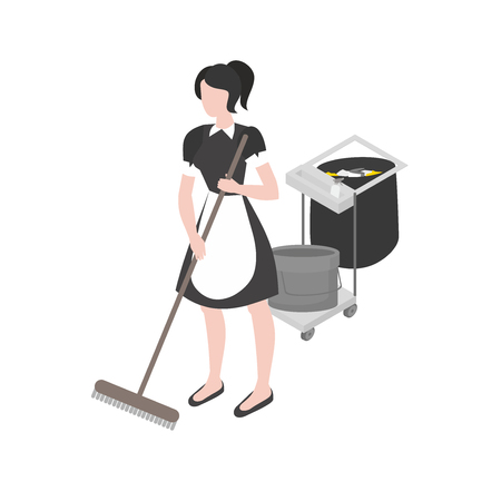 Cleanup and housekeeping set. Isometric maid in uniform. Cleaning company staff occupation. Housework and household.のイラスト素材