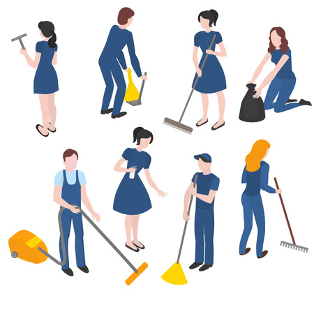 Isometric set of cleaning company staff with the equipment. Cleanup and housekeepingのイラスト素材