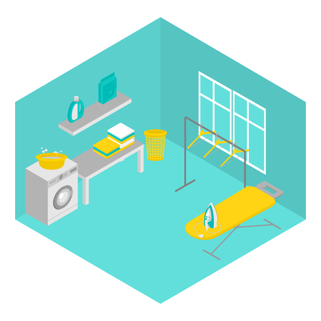 Isometric laundry room with equipment washing machine. Housework and household. Bathroom interiorのイラスト素材