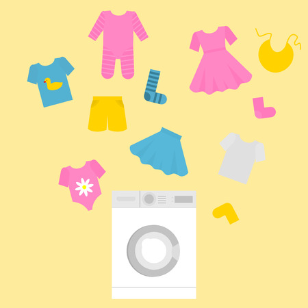 Washing machine in flat style with kids clothes. Laundry for little children. Boys and girls outfit cleaning serviceのイラスト素材