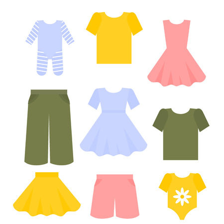 Flat kids clothes set. Children outfit fashion collection. Dress, pants and t-shirtのイラスト素材