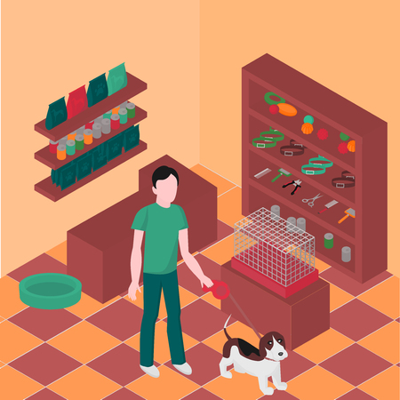 Isometric Pet shop interior. Cats and dogs Equipment. Veterinary store. Man walking with beagleのイラスト素材