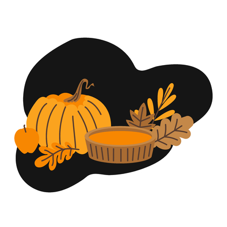 Hand drawn Autumn leaves, fall forest nature. Pumpkin pie. Hello autumn card.のイラスト素材