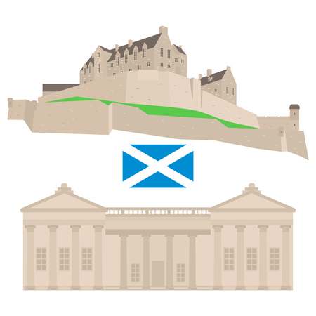 Flat building of Edinburgh Castle and National art gallery in Scotland, United Kingdom. Historic sight attraction England sightseeing. Travel icon landmark. City architecture of Great Britain.のイラスト素材