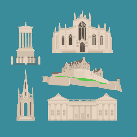 Flat building in Scotland, United Kingdom. Sightseeing and landmark. Architecture of Great Britain. St Giles Cathedral and Edinburgh Castle. Dugald Stewart and Scott Walter Monumentのイラスト素材