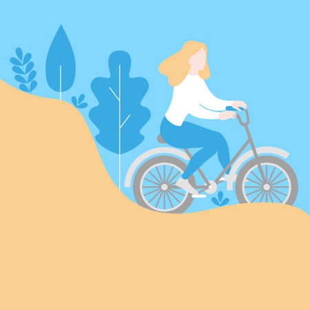 Healthy lifestyle in eco city, urban ecological transport banner. Travel bicycle rent, cartoon cute girl character riding bike. Ecologic park landscape templateのイラスト素材