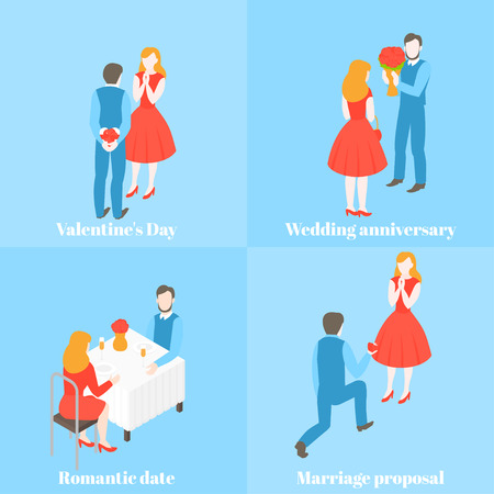 Valentine day celebration. Man giving gift and flower to woman. Love couple with present box. Wedding proposal and relationship anniversary. Romantic date set.のイラスト素材