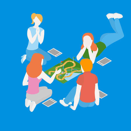 People playing a board game with cards. Isometric family spend time together at weekend. Indoors activity and hobby for teen. Happy childhood. Father, mother and childrenのイラスト素材