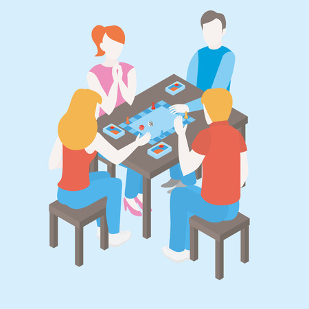 People playing a board game with cards. Isometric friends and family spend time together at weekend. Group of girls and boys communicate. Indoors activity and hobby for teen. Happy childhoodのイラスト素材