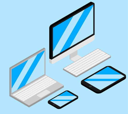 Set of isometric gagets. Computer, Laptop, Tablet and Mobile Phone Isolated. Devises empty screen of smartphone, pc monitor. Portable and wireless electronicのイラスト素材