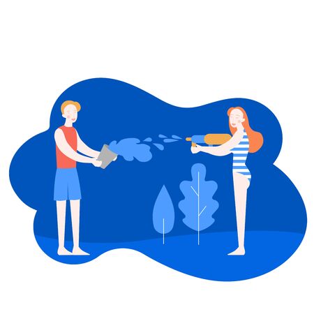 Young man and woman having a water fight with plastic gun. Cartoon Girl and boy playing summer battle with toysのイラスト素材