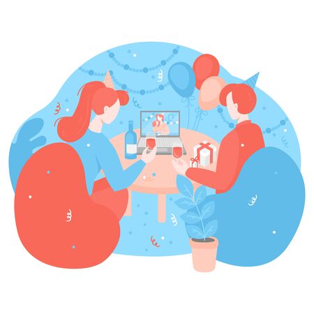 Online birthday celebration in isolation. Cartoon People on Quarantine with glasses of wine during party. Concept of communications in self isolation. Holiday decoration Confetti and balloons.のイラスト素材