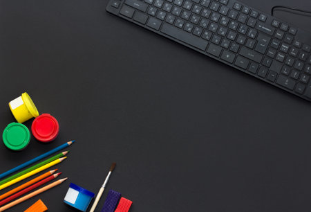 Online art course. Distance education flat lay. Artist equipment paintbrush, paint, colored pencils...