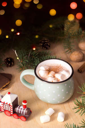 Hot chocolate with marshmallow, Christmas traditional cocoa drink on bokeh of lights. Festive winter atmosphereの写真素材