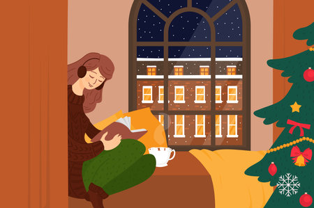 Girl reading book. Listen audiobook Christmas treeのイラスト素材