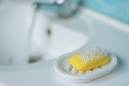 Yellow soap on a white background Lemon soap.の写真素材